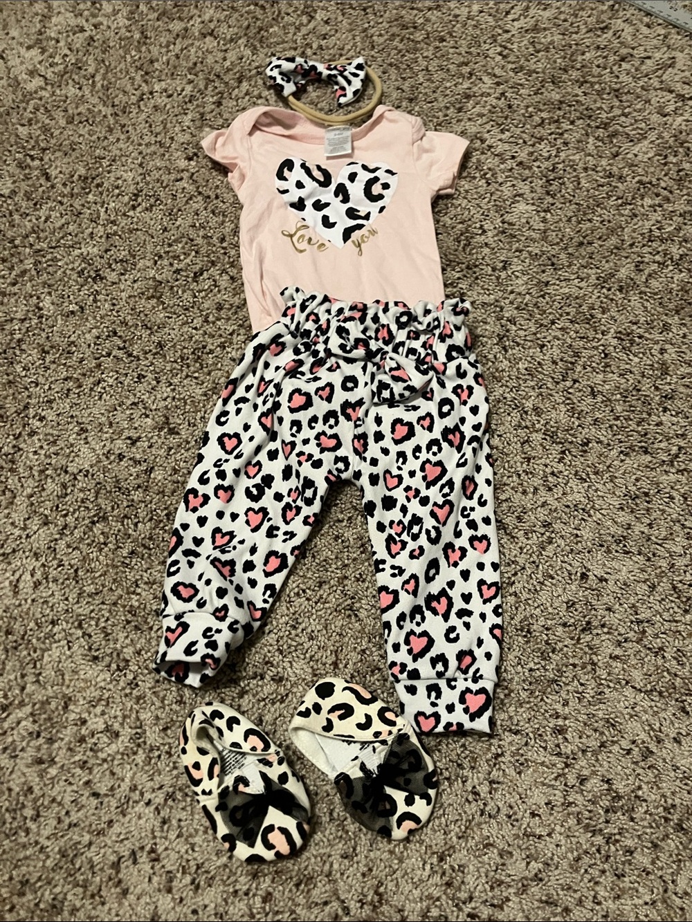Pink Heart Leopard Print Kids Matching Set with Headband and Shoes